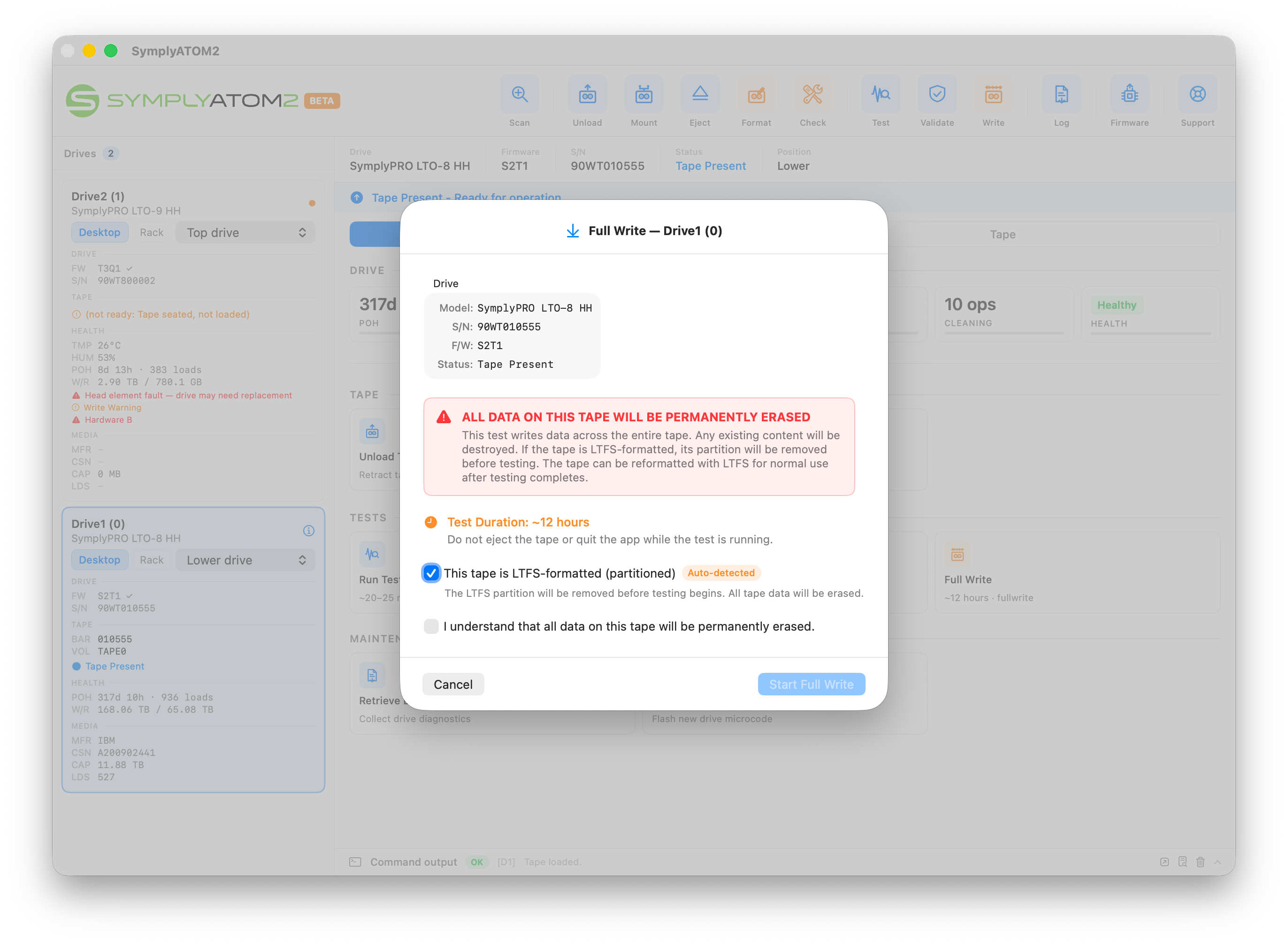 Full Write confirmation dialog showing drive details and data erasure warning with acknowledgement checkbox unchecked