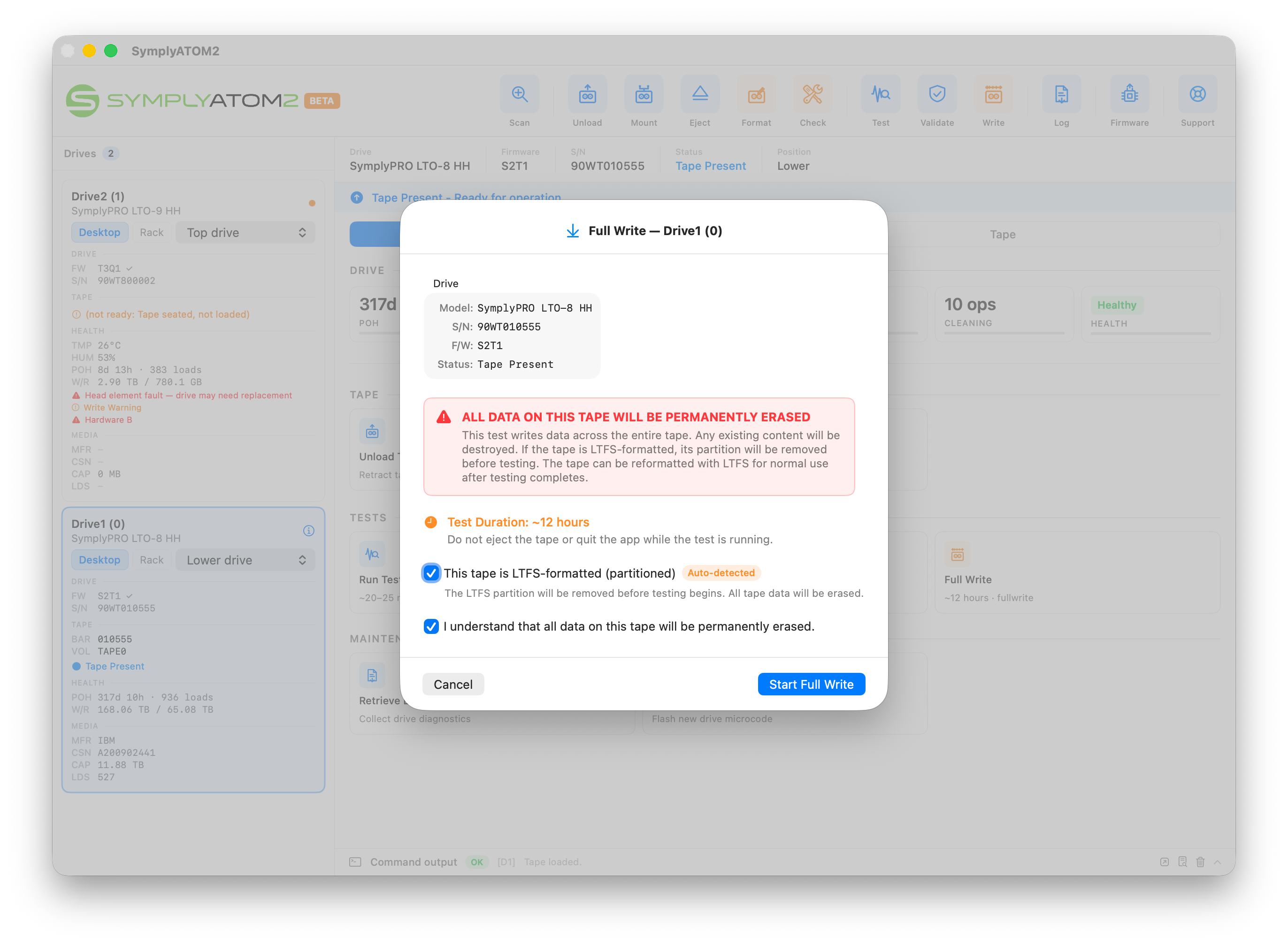 Full Write confirmation dialog with acknowledgement checkbox ticked and Start Full Write button now active