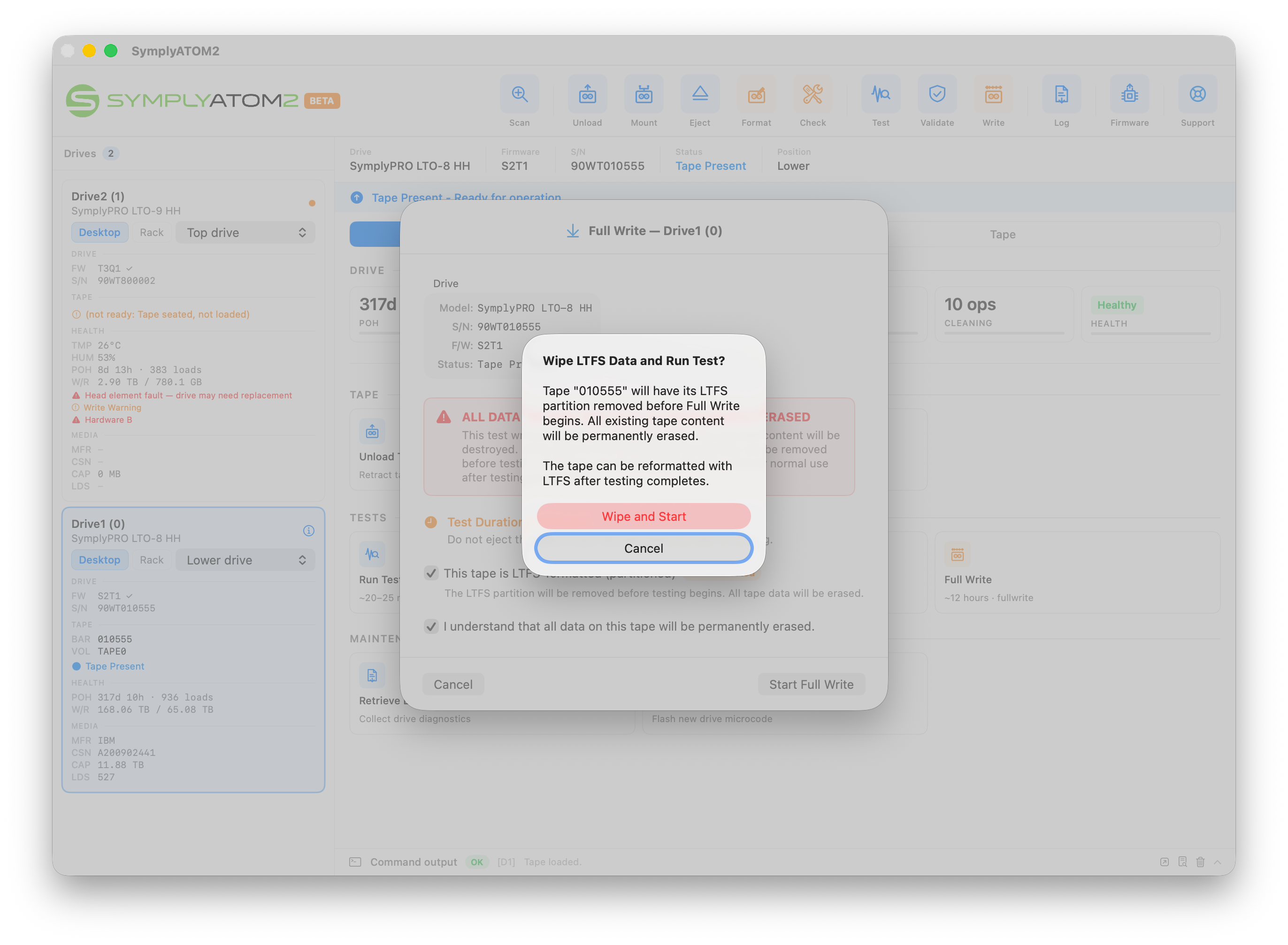 Secondary confirmation dialog asking to confirm LTFS partition wipe before starting Full Write