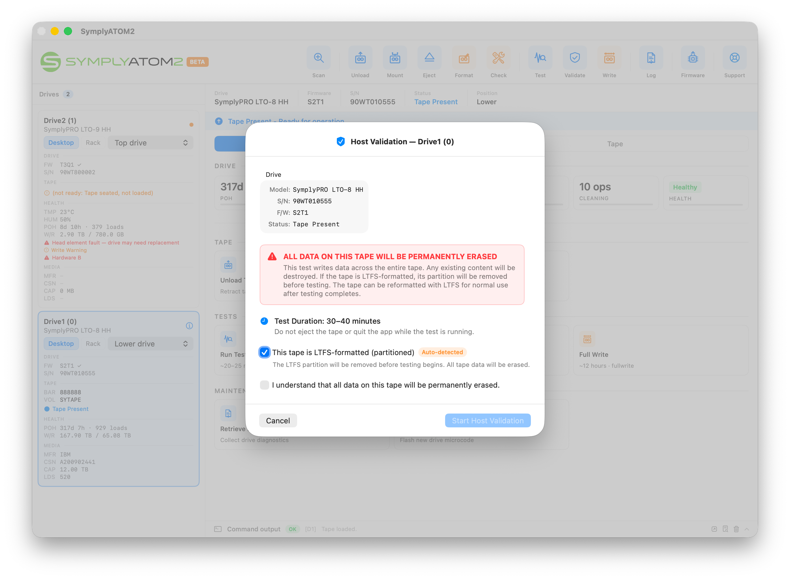 Host Validation confirmation dialog showing drive details and data erasure warning with acknowledgement checkbox unchecked and Start button greyed out