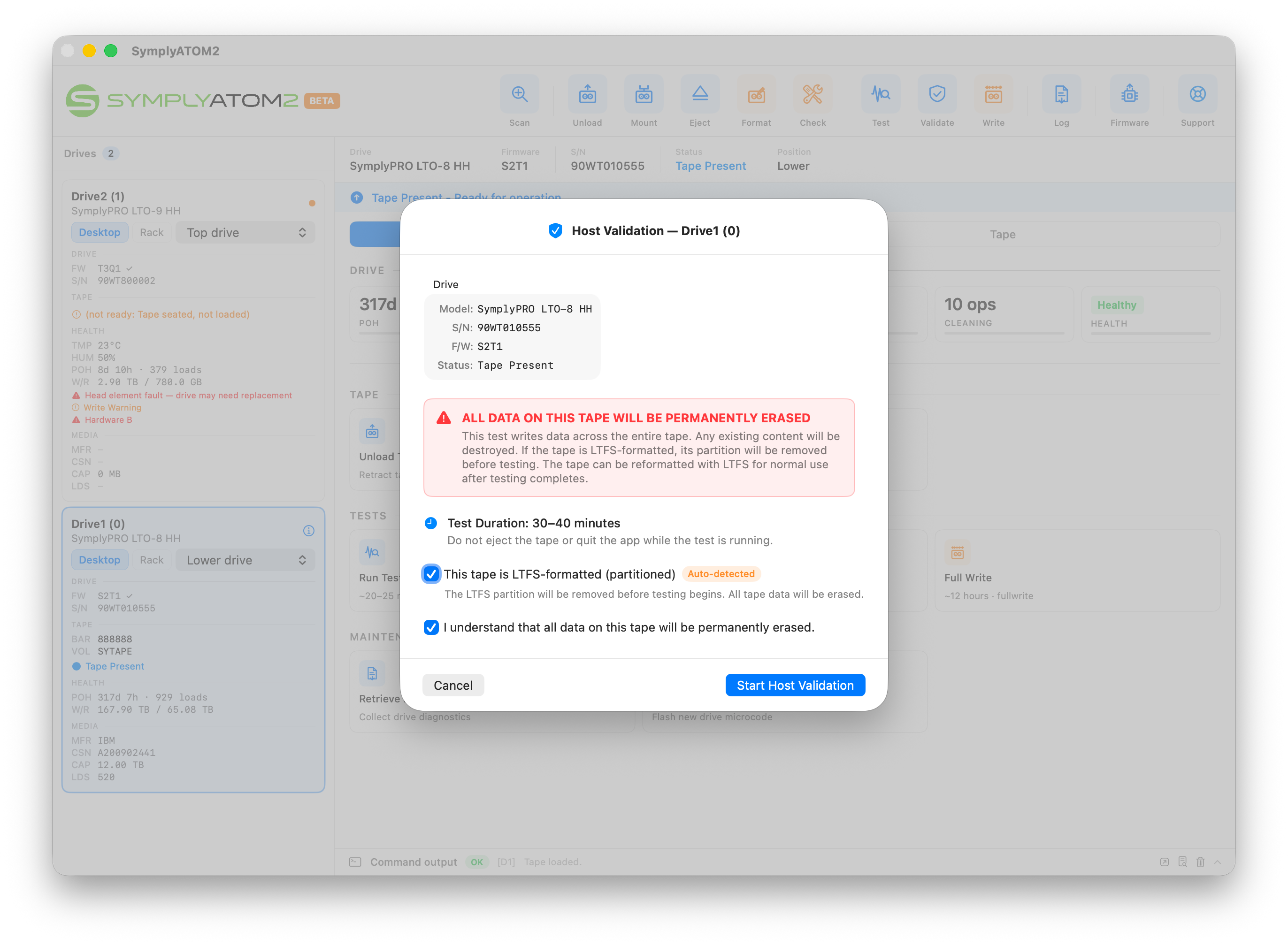 Host Validation confirmation dialog with acknowledgement checkbox ticked and Start Host Validation button now active