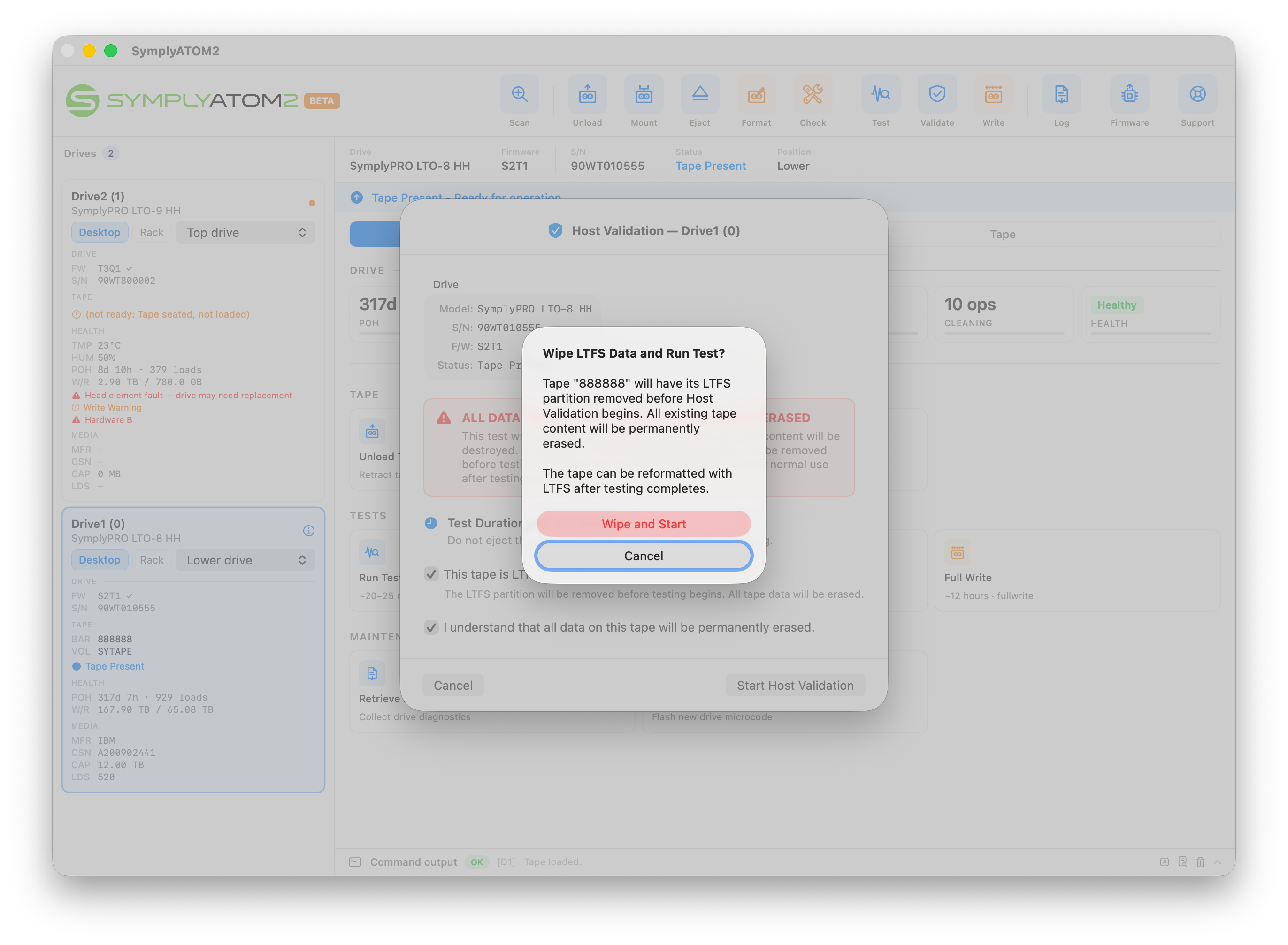 Secondary confirmation dialog asking to confirm LTFS partition wipe before starting Host Validation