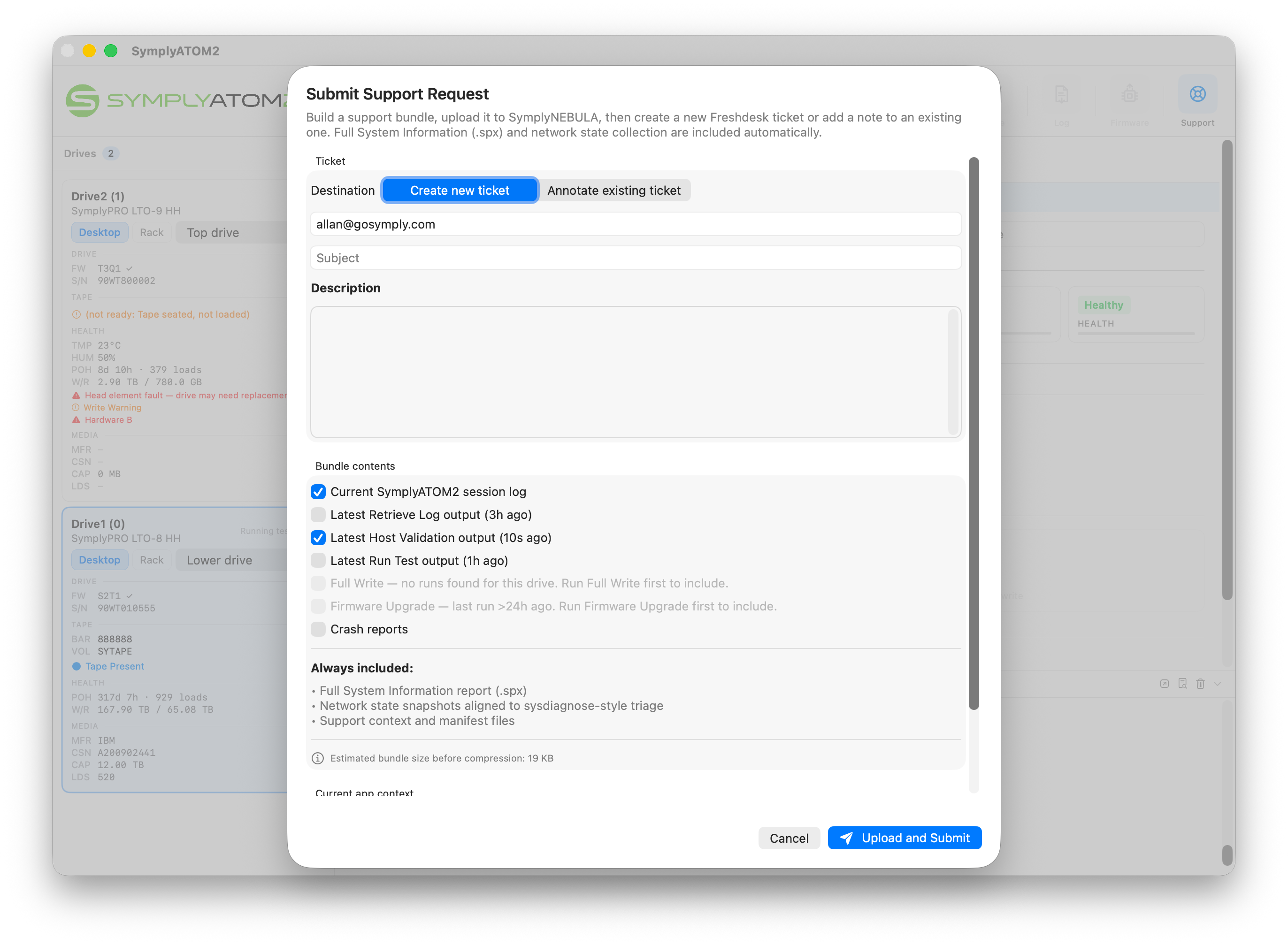 Submit Support Request sheet showing Create new ticket tab with email, subject, description fields and bundle contents checklist — Latest Host Validation output is selected by default