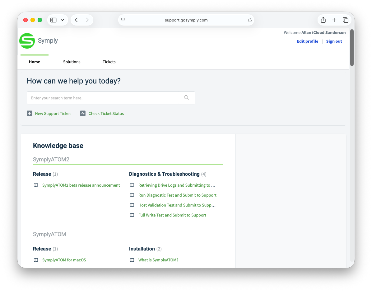 Symply support portal homepage showing the Knowledge Base with SymplyATOM2 section