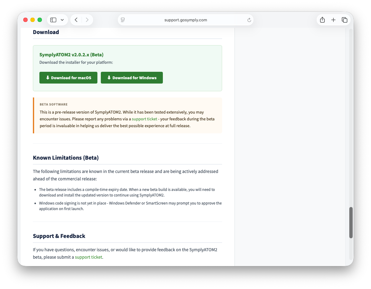 SymplyATOM2 release article Download section showing Download for macOS and Download for Windows buttons