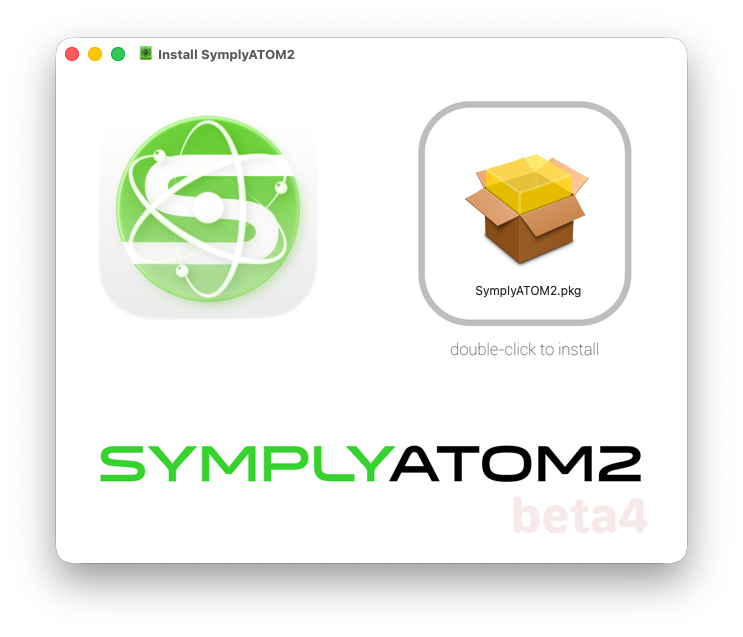 macOS disk image window showing the SymplyATOM2 app icon and SymplyATOM2.pkg with a 'double-click to install' label