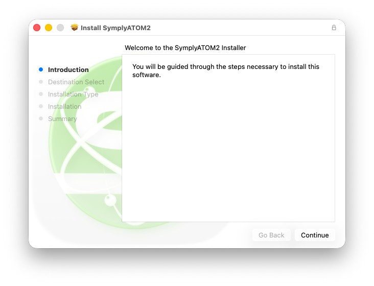 macOS installer Introduction screen: Welcome to the SymplyATOM2 Installer, with Continue button