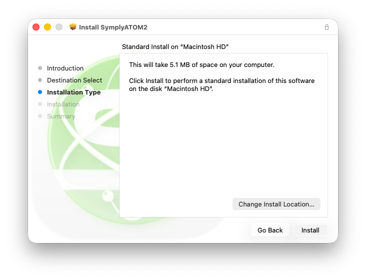 macOS installer Installation Type screen showing Standard Install on Macintosh HD — 5.1 MB — with Install button