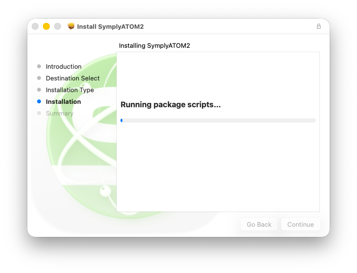 macOS installer running package scripts, progress bar visible