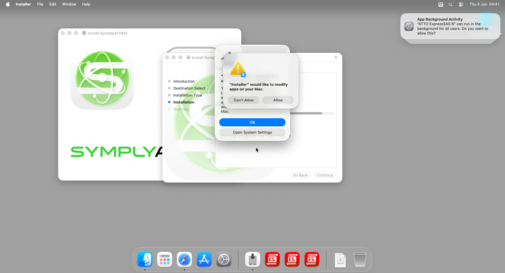 macOS permission dialog: 'installer would like to modify apps on your Mac' with Don't Allow and Allow buttons. An App Background Activity notification from ATTO ExpressSAS is also visible in the top-right corner.