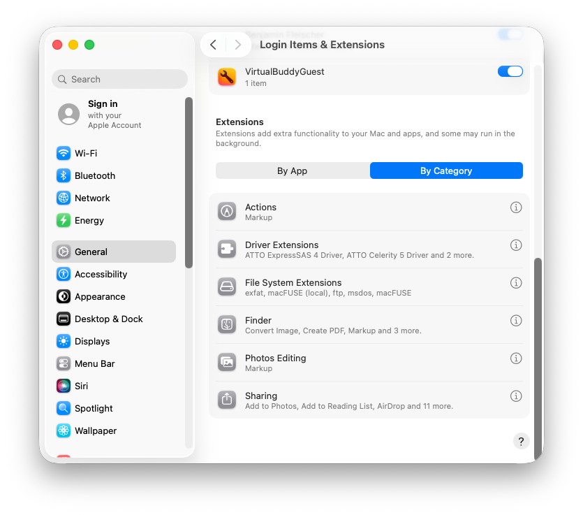 System Settings — General — Login Items and Extensions, showing Driver Extensions, File System Extensions and other categories in the By Category view