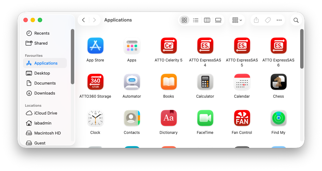 Finder Applications folder showing ATTO ExpressSAS 4, ATTO ExpressSAS 5, and ATTO ExpressSAS 6 app icons