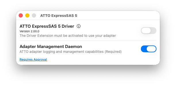 ATTO ExpressSAS 5 app window showing the driver toggle in the off position and a Requires Approval link below