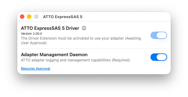 ATTO ExpressSAS 5 app with the driver toggle enabled, status showing Awaiting User Approval
