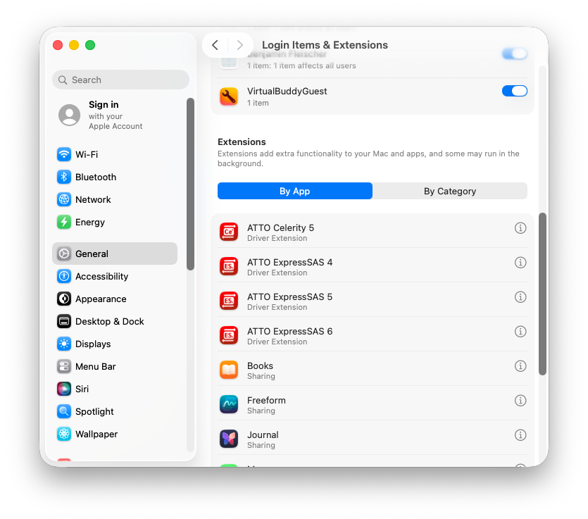 macOS sheet showing ATTO ExpressSAS 5 Extensions with Driver Extension toggle in the off position and a Done button
