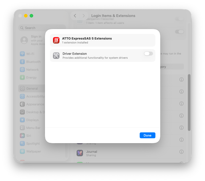 ATTO ExpressSAS 5 Extensions sheet with Driver Extension toggle now enabled (blue) and Done button
