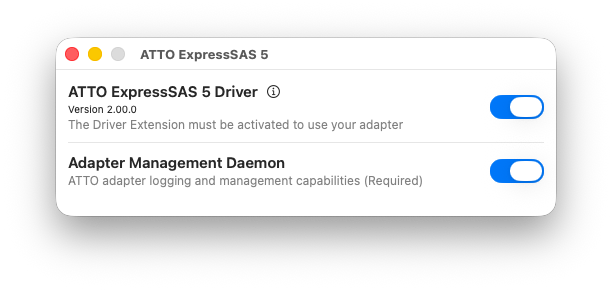 ATTO ExpressSAS 5 app showing both Driver and Adapter Management Daemon toggles enabled with no Requires Approval link