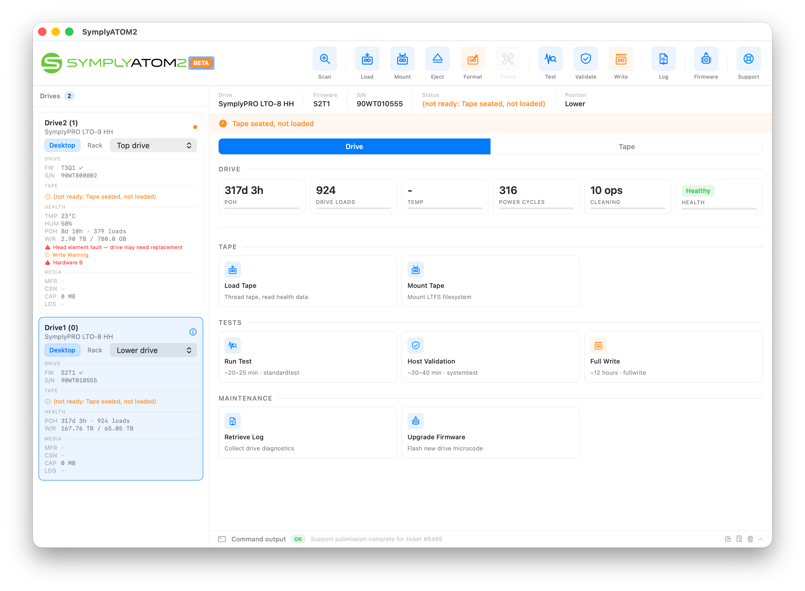 SymplyATOM2 main window showing Drive1 selected with Run Test visible in the Tests section