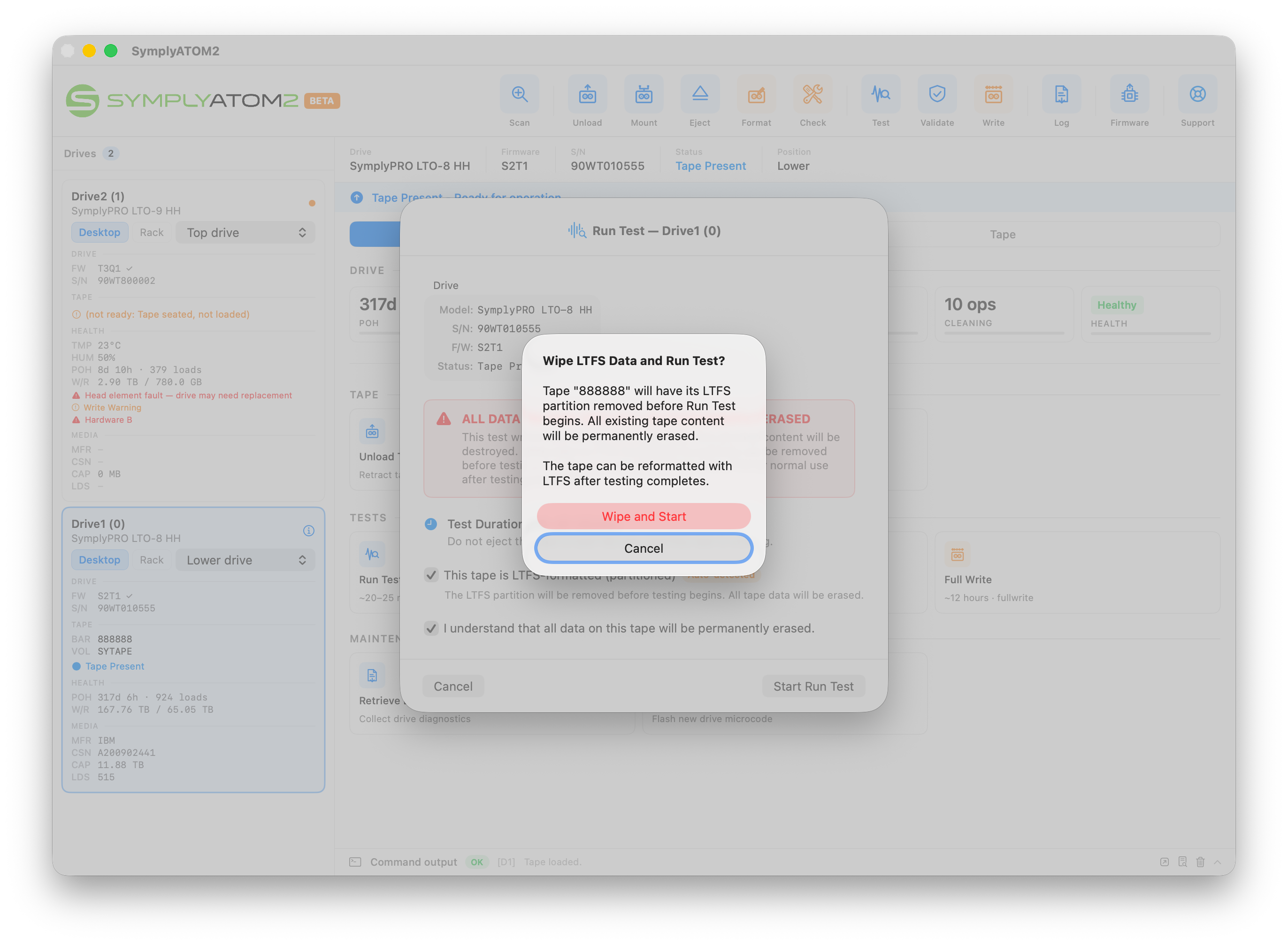 Secondary confirmation dialog asking to confirm LTFS partition wipe before starting Run Test