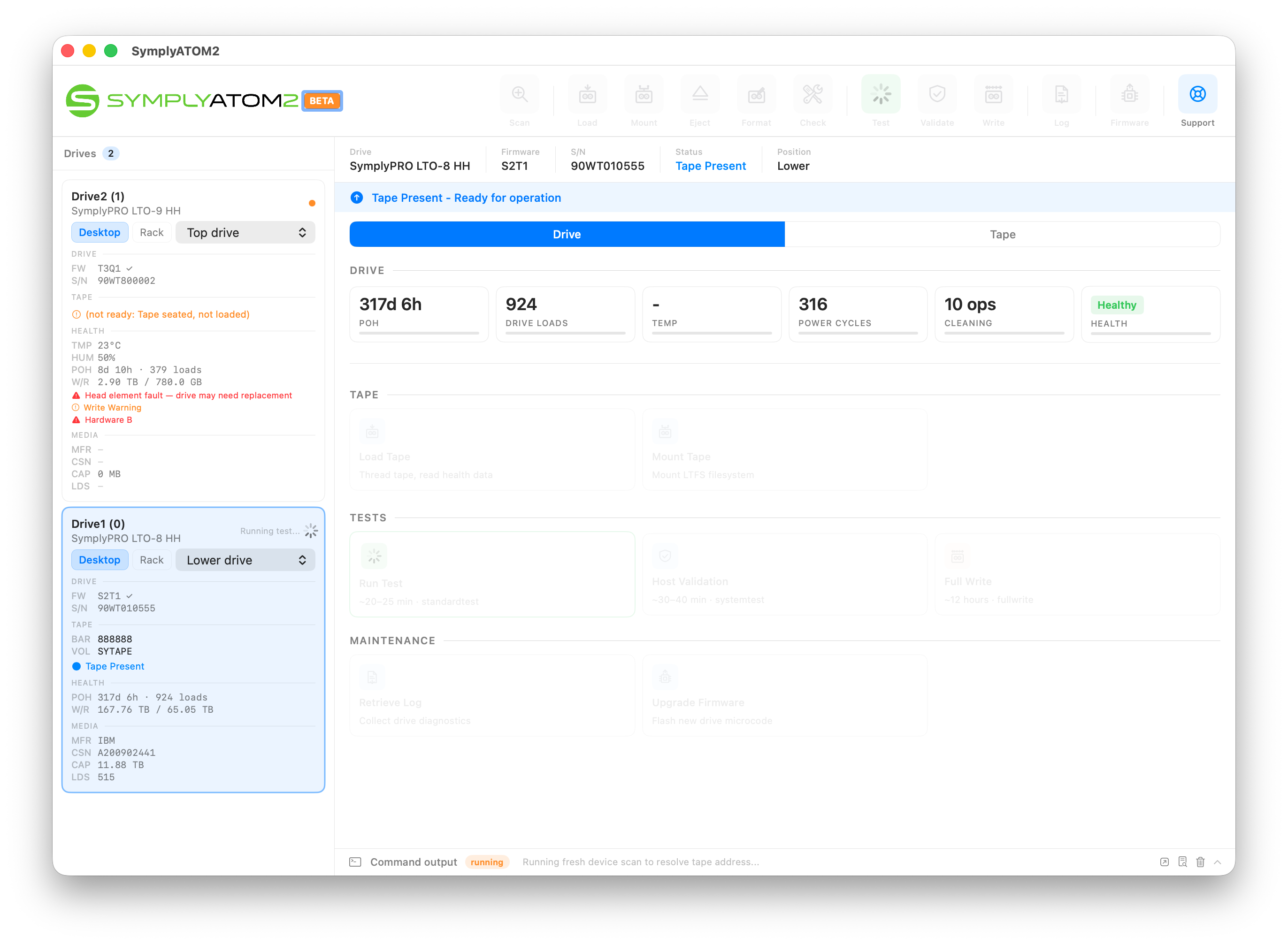 SymplyATOM2 main window with Run Test in progress — drive shows Running test status and all controls are disabled