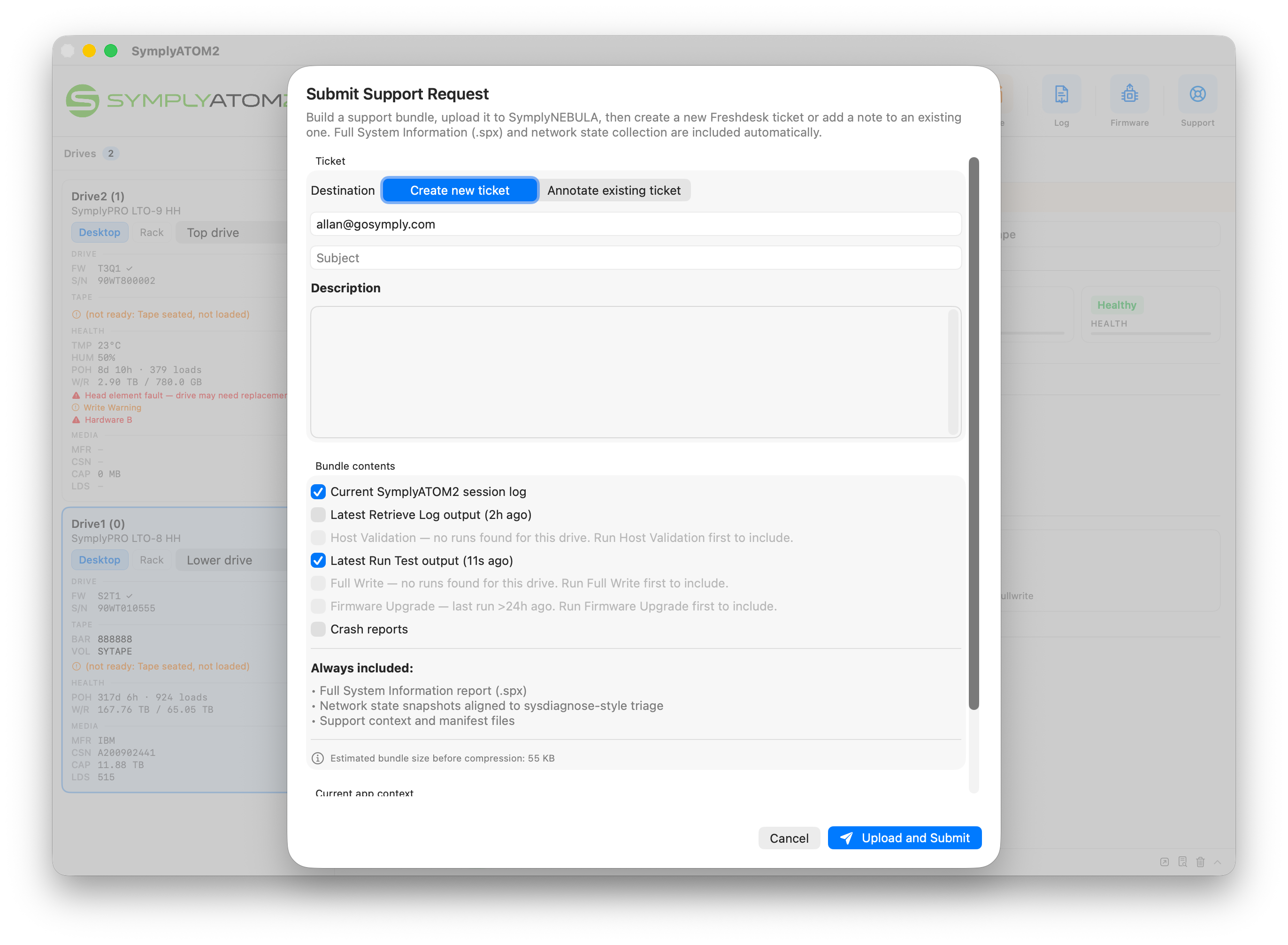 Submit Support Request sheet showing Create new ticket tab with email, subject, description fields and bundle contents checklist