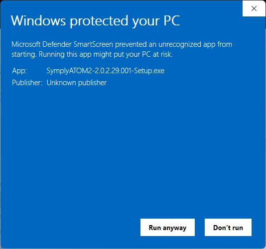 SmartScreen dialog expanded showing App: SymplyATOM2 Setup.exe, Publisher: Unknown publisher, with Run anyway and Don't run buttons
