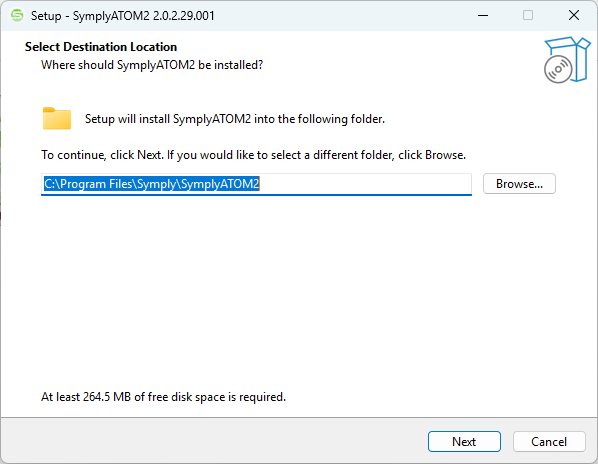 Inno Setup Select Destination Location page showing C:\Program Files\Symply\SymplyATOM2 and disk space requirement