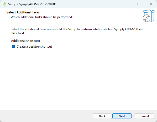 Inno Setup Select Additional Tasks page with Create a desktop shortcut checkbox ticked