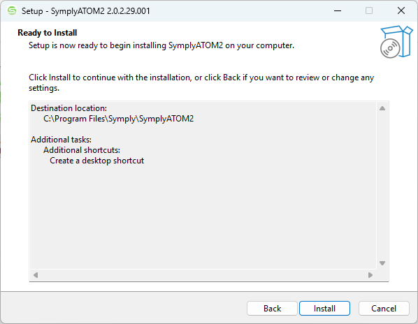 Inno Setup Ready to Install page showing destination location and additional tasks summary