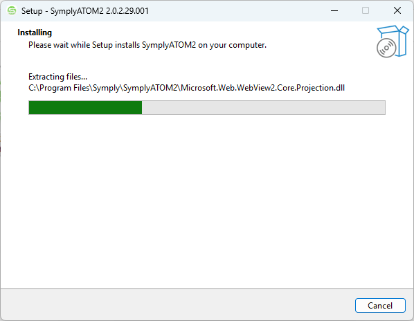 Inno Setup Installing page showing a progress bar and Extracting files status message