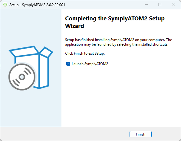 Inno Setup Completing the SymplyATOM2 Setup Wizard page with Launch SymplyATOM2 checkbox ticked and Finish button
